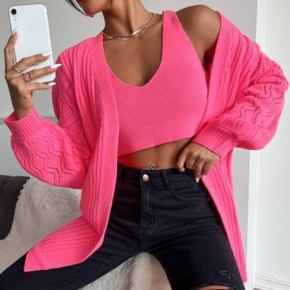 PINK Crop Knit Top & Open Front Cardigan - Picture 3 of 5